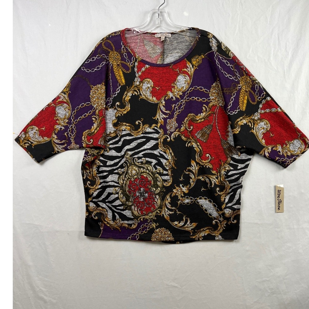 Ultra Teeze Baroque Sweater Top Women L  Animal Print Dolman Sleeve Scoop Neck